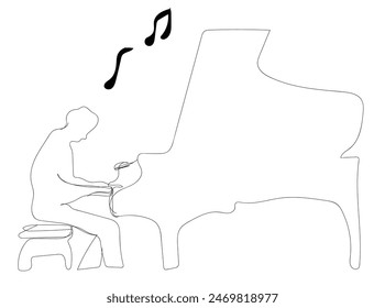 One continuous line drawing of young happy male pianist playing classic grand piano on music concert theater festival. Musician artist performance concept single line draw design vector illustration