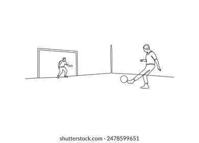 One continuous line drawing of young people playing football at sport center. Sports minimalist concept. Single line draw design vector illustration