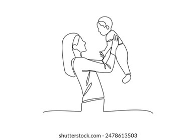 One continuous line drawing of young mother is caring for and playing with her child. Mother daily activity concept. Dynamic single line draw graphic design vector illustration