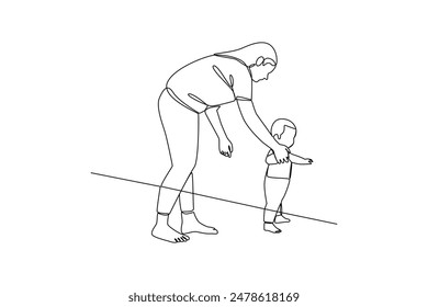 One continuous line drawing of young mother was looking after her small child. Mother daily activity concept. Dynamic single line draw graphic design vector illustration