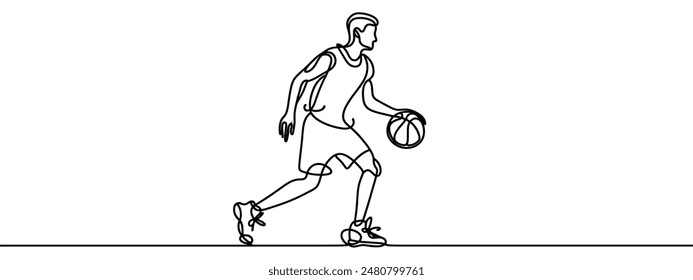 One continuous line drawing of young agile basketball woman player dribbling the ball. Teamwork competitive sport concept. Dynamic single line draw design vector illustration for tournament poster.