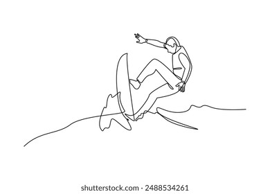 One continuous line drawing of young man playing surfing on the beach. Outdoors activities concept. Dynamic single line draw design graphic vector illustration