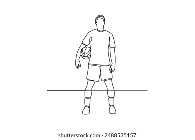 One continuous line drawing of young man playing ball at weekend. Weekend activities concept. Dynamic single line draw design graphic vector illustration