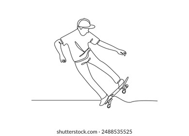 One continuous line drawing of young man playing roller skating at weekend. Weekend activities concept. Dynamic single line draw design graphic vector illustration