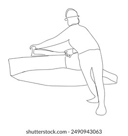 One continuous line drawing of young lumberjack wearing uniform, helmet and glove while carrying woods stack. Carpenter building maintenance service concept. Single line draw design illustration