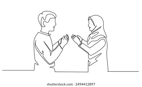 Un dibujo de línea continua de un hombre y una mujer musulmanes jóvenes que celebran Ramadán y Eid al-Fitr realizan el gesto Halal Bihalal concepto ilustración diseño Vector dibujo concepto línea única	
