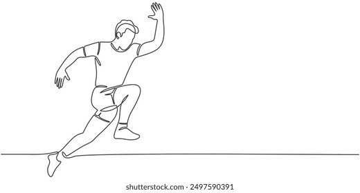 One continuous line drawing of young man athlete runner focus sprint run. Individual sport, competitive concept. Dynamic single line draw design vector