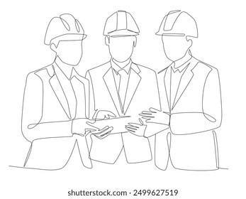 One continuous line drawing of young construction coordinator discussing construction design plan to team member, Single line draw design graphic illustration.