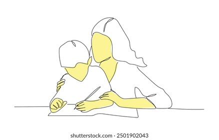 One continuous line drawing of young mother was looking at his son who was doing homework. Mother daily activity concept. Dynamic single line draw graphic design vector illustration