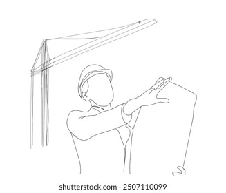 One continuous line drawing of young foreman manager controlling the construction of building. Building architecture business concept. Single line draw vector graphic design illustration