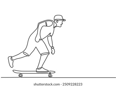 One continuous line drawing of a young man riding a skateboard. Captures adventure and outdoor sports in a minimalist vector illustration, hand-drawn and isolated.