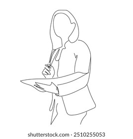 Um desenho de linha contínua de jovem professora está explicando na frente do quadro. Dia Mundial dos Professores. Desenho de linha única na moda ilustração gráfica vetorial. 