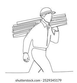 One continuous line drawing of young lumberjack wearing uniform, helmet and glove while carrying woods stack. one line art.