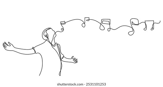 one continuous line drawing of young man singing.one line drawing of man stretching his arms and singing.one line vector illustration.isolated white background