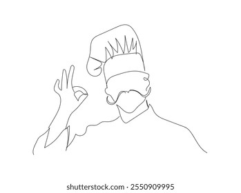 Un dibujo de línea continua de chef joven posa casualmente mientras da un excelente gesto de sabor a comida. Concepto de Anuncio de restaurante. Vector hecho a mano, no IA.