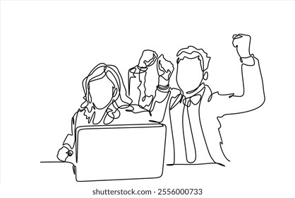 One continuous line drawing of young happy male start up CEO and his subordinates celebrating their success achieve the business target. Team work goal concept single line draw design illustration
