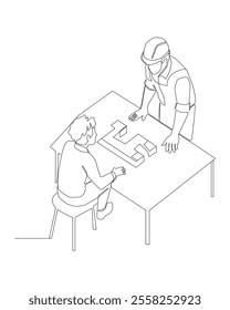 One continuous line drawing of young architect and construction builder discussing blueprint building design from top view, Building architecture business concept.