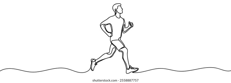 One continuous line drawing of young sporty runner man relax running at countryside Continuous one line drawing