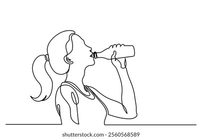 One continuous line drawing of a young woman drinking water from a bottle. line-art sporty Girl drinking water. Healthy life habits of people, health benefit dehydration prevention concept vector.
