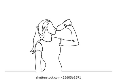 One continuous line drawing of a young woman drinking water from a bottle. line-art sporty Girl drinking water. Healthy life habits of people, health benefit dehydration prevention concept vector.