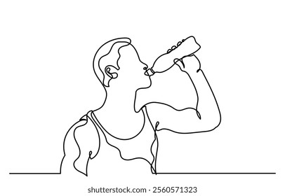 One continuous line drawing of a young man drinking water from a bottle. line-art sporty boy drinking water. Healthy life habits of people, health benefit dehydration prevention concept vector.