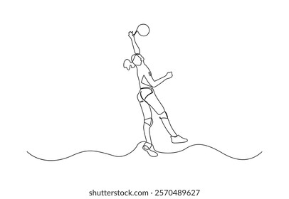 One continuous line drawing of young female professional volleyball player in action on court. Single continuous line drawing of volleyball player. Hand drawn single line vector illustration.