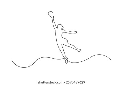 One continuous line drawing of young female professional volleyball player in action on court. Single continuous line drawing of volleyball player. Hand drawn single line vector illustration.