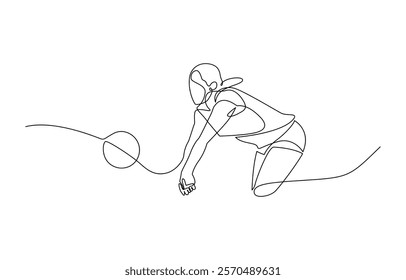 One continuous line drawing of young female professional volleyball player in action on court. Single continuous line drawing of volleyball player. Hand drawn single line vector illustration.