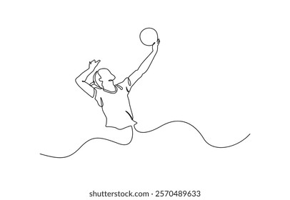 One continuous line drawing of young female professional volleyball player in action on court. Single continuous line drawing of volleyball player. Hand drawn single line vector illustration.