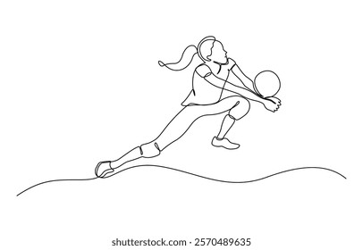 One continuous line drawing of young female professional volleyball player in action on court. Single continuous line drawing of volleyball player. Hand drawn single line vector illustration.