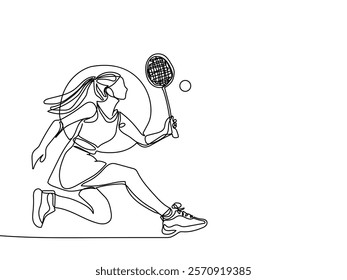 One continuous line drawing of young happy female tennis player hit the opponent's ball. Competitive sport concept. Dynamic single line draw design vector illustration for tournament promotion poster