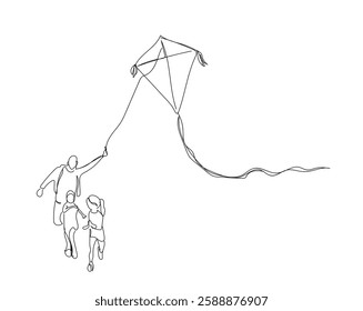 One continuous line drawing of young father and kids playing to fly kite up into the sky at outdoor field. Happy family parenthood concept. Hand made vector not Al