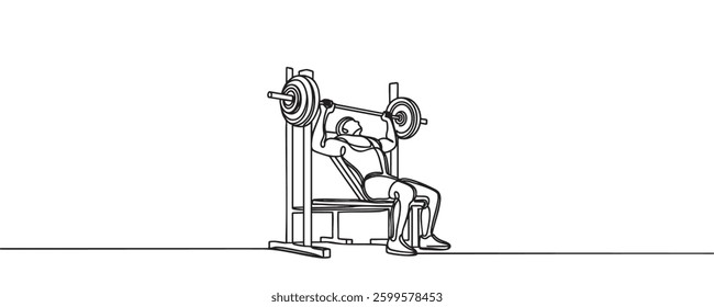 One continuous line drawing of young athletic man training to lift barbell on bench press in sport club center. Fitness stretching concept. vector illustration.