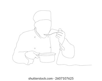 One continuous line drawing of young male chef tasting and smelling soup curry with spoon. Healthy food preparation on commercial kitchen concept. Hand made vector not Al