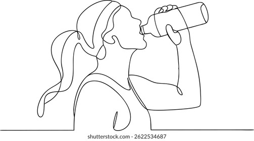 Um desenho de linha contínua da jovem mulher bebendo água da garrafa, ilustração de arte de linha mostrando o conceito de estilo de vida saudável

