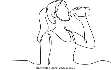 One continuous line drawing of young woman drinking water from bottle, line art illustration showing healthy lifestyle concept

