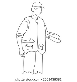 Um desenho de linha contínua do jovem arquiteto segurando papéis de rolo, o jovem chefe que controla a construção do edifício. Construindo arquitetura homem de negócios linha de arte conceito. Esboço de um homem