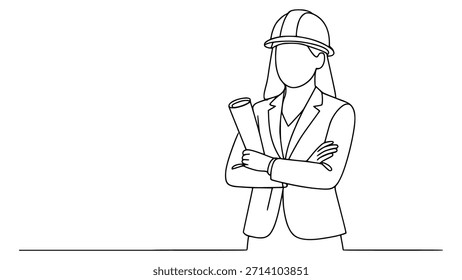 eine durchgehende Linie Zeichnung der jungen Architektin halten Blaupause Papier Pose Querarme flache Farbe Vektorgrafik Schablone Design