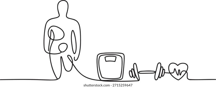 Una línea continua que dibuja al hombre muscular joven de pie cerca de la escala de peso con mancuerna y forma de corazón concepto de tema de salud mínimo. Ilustración vectorial de Diseño gráfico de dibujo de línea única de objetos de motivación de fitness. Dibujo esquemático que representa un control del peso corporal vivo saludable y equipo de entrenamiento. Ilustración de contorno de estilo minimalista de deporte y bienestar.