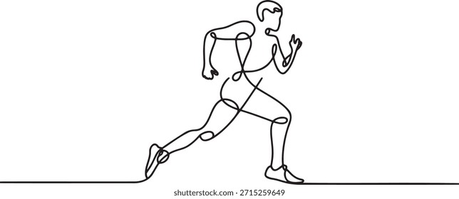 One continuous line drawing young athletic man running fast on track field minimal sport theme concept. Single line draw graphic design vector illustration of healthy male runner jogger training workout exercise. Dynamic action of marathon runner minimalist style outline drawing of athlete doing fitness cardio. Sport theme outline running man black ink stroke on transparent background.