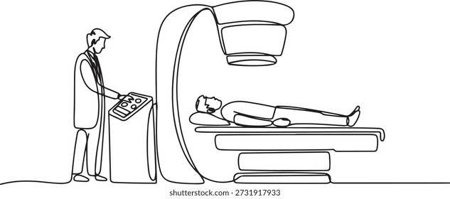 Um desenho de linha contínua do jovem médico do sexo masculino do procedimento de RM para TC do paciente do câncer do sexo masculino. Conceito de serviço de tratamento médico. Desenho de ícone de uma linha
