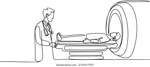 Um desenho de linha contínua do jovem médico do sexo masculino do procedimento de RM para TC do paciente do câncer do sexo masculino. Conceito de serviço de tratamento médico. Desenho de ícone de uma linha
