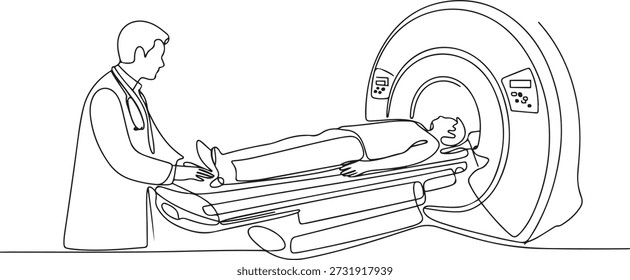Um desenho de linha contínua do jovem médico do sexo masculino do procedimento de RM para TC do paciente do câncer do sexo masculino. Conceito de serviço de tratamento médico. Desenho de ícone de uma linha
