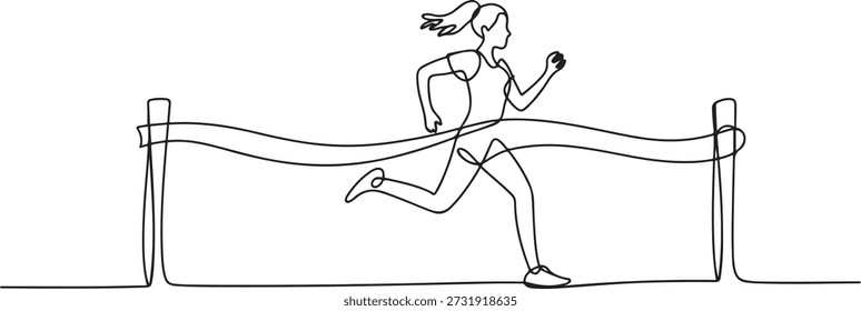 Una línea continua que dibuja a una joven corredora deportiva cruza la línea de meta. Concepto de deporte de la actividad de la salud. Diseño dinámico de dibujo de una sola línea. dibujo de iconos de una línea
