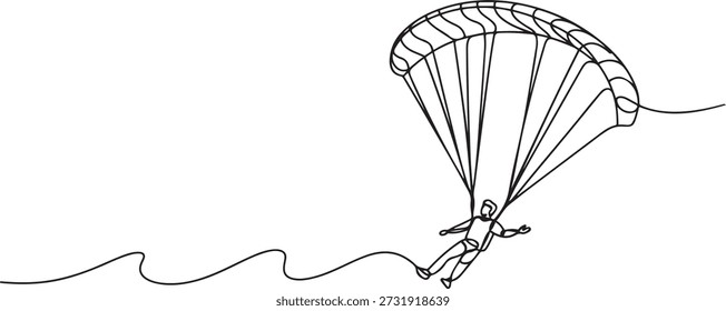 Eine durchgehende Linienzeichnung eines jungen tapferen Mannes, der mit einem Paragliding-Fallschirm in den Himmel fliegt. Gefährliches Extremsportkonzept im Freien. einzeilige Symbolzeichnung

