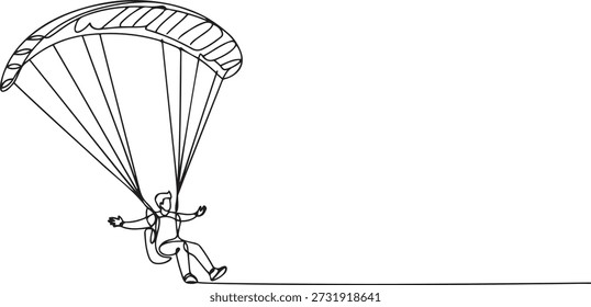 Eine durchgehende Linienzeichnung eines jungen tapferen Mannes, der mit einem Paragliding-Fallschirm in den Himmel fliegt. Gefährliches Extremsportkonzept im Freien. einzeilige Symbolzeichnung
