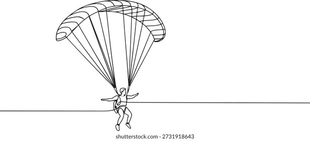 Eine durchgehende Linienzeichnung eines jungen tapferen Mannes, der mit einem Paragliding-Fallschirm in den Himmel fliegt. Gefährliches Extremsportkonzept im Freien. einzeilige Symbolzeichnung
