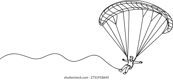 Eine durchgehende Linienzeichnung eines jungen tapferen Mannes, der mit einem Paragliding-Fallschirm in den Himmel fliegt. Gefährliches Extremsportkonzept im Freien. einzeilige Symbolzeichnung
