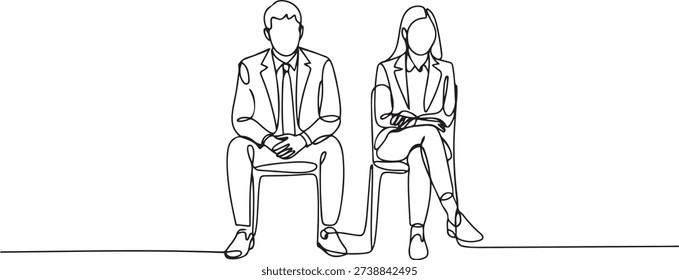 One continuous line drawing of young male and female interviewee sitting on chair waiting for their turn to be interviewed. Job applicant process concept. one line Icon drawing
