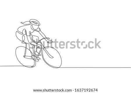 One continuous line drawing young sporty woman bicycle racer pedaling her bike so fast. Road cyclist concept. Dynamic single line draw design vector illustration graphic for cycling competition poster